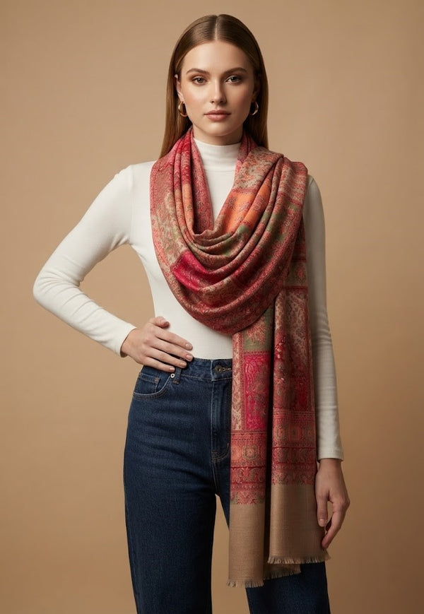 Regal Multicolor Patchwork Kani Jacquard Woven Wool Blend Beige Stole