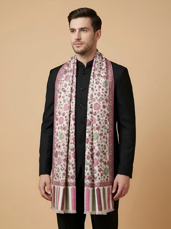 Noble Kani Weave Floral Wool Blend White Stole