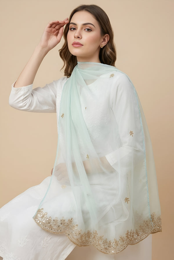 White Organza Women Dupatta – Scalloped Cutwork Border with Buti Work