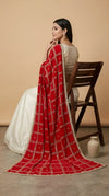 Red Chinon Dupatta with Gold Grid Embellishment (Size: 2.5x1 m Approx)