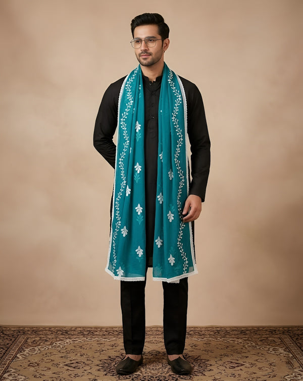 Blue Nazneen Chiffon Mens Dupatta with Floral Embroidery & Border