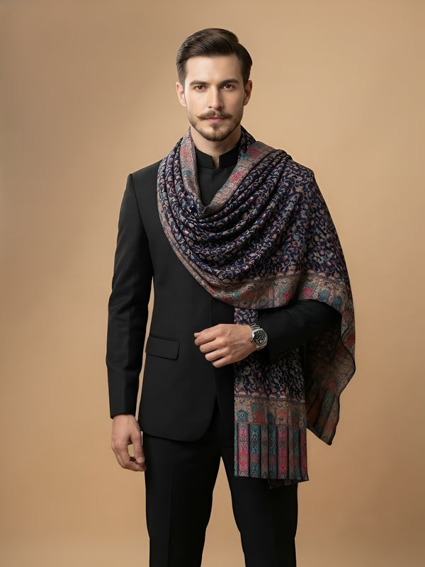 Reserve Mens Bamboo Silk Floral Kalamkari Printed Blue Stole
