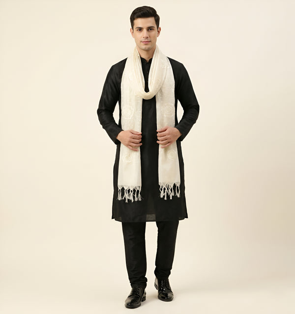 Cotton Embroidered Mens Dupatta – White Tone with Buta Work