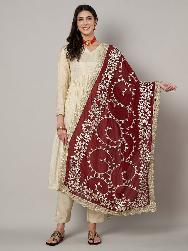 Maroon Georgette Dupatta with Hand Gota Patti Work (Size: 2.5x1 m Approx)
