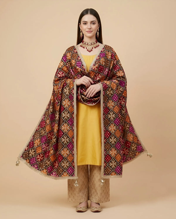 Luxe Phulkari Chinon Mirror Work Embroidered BlackDupatta with Elegant Lace Border