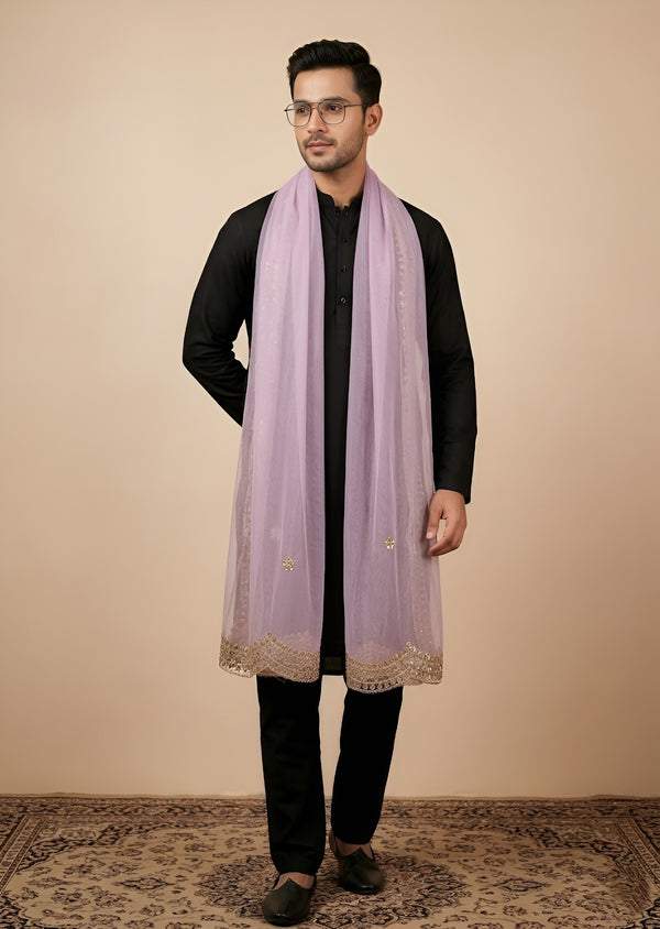 Pink Twill Net Mens Dupatta – Scalloped Cutwork Border with Buti Work