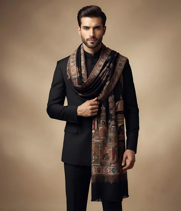 Mir-e-Khas Men's Mughal Palace Scenic Jacquard Woven Black Shawl with Zari Work