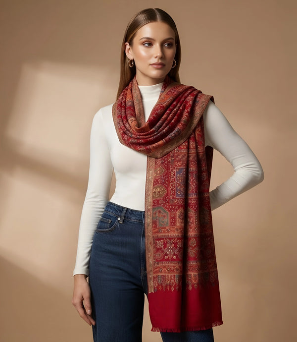 Regal Kani Weave Mughal Architecture & Floral Garden Wool Blend Red Stole