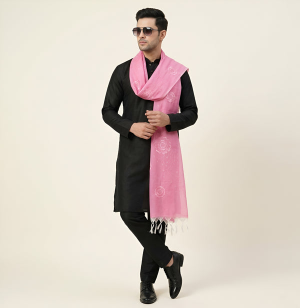 Cotton Embroidered Mens Dupatta – Pink Tone with Buta Work