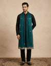 Teal Twill Net Mens Dupatta – Scalloped Cutwork Border with Buti Work
