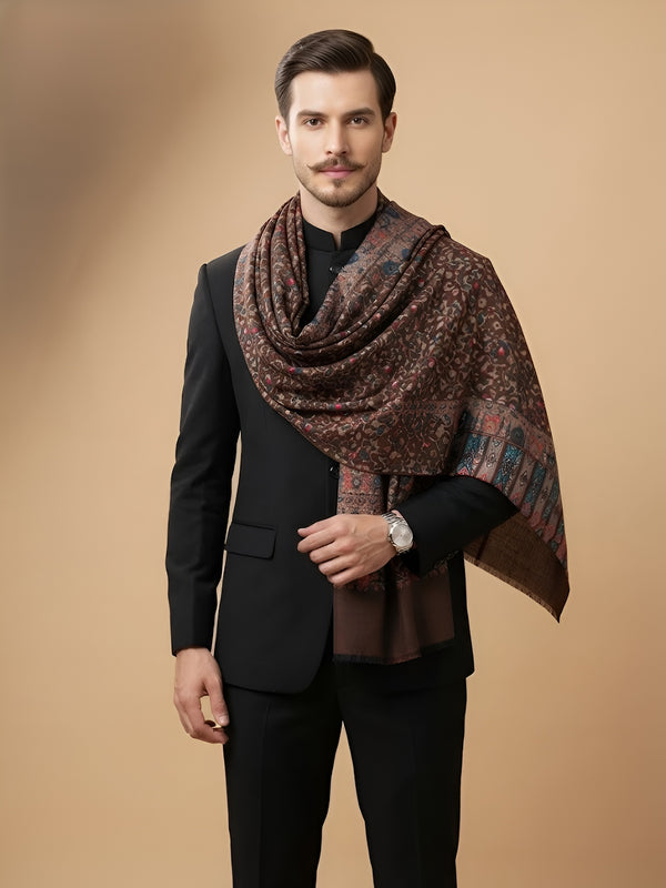 Reserve Mens Bamboo Silk Floral Kalamkari Printed Brown Stole