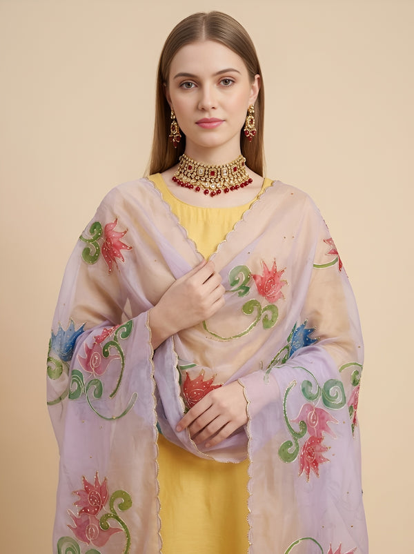 Luxe Organza Women Pink Dupatta with Handbrush Floral Art & Beads