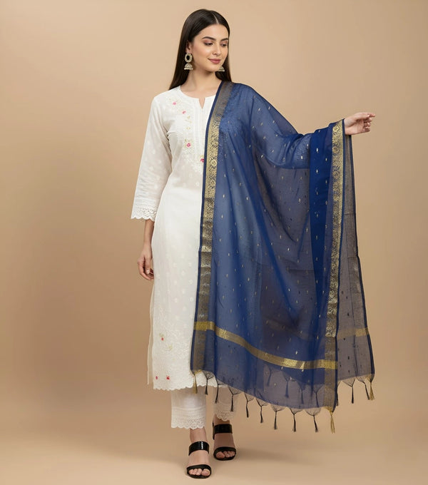 Blue Lightweight Cotton Silk Dotted Dupatta | Elegant Everyday Ethnic Drape