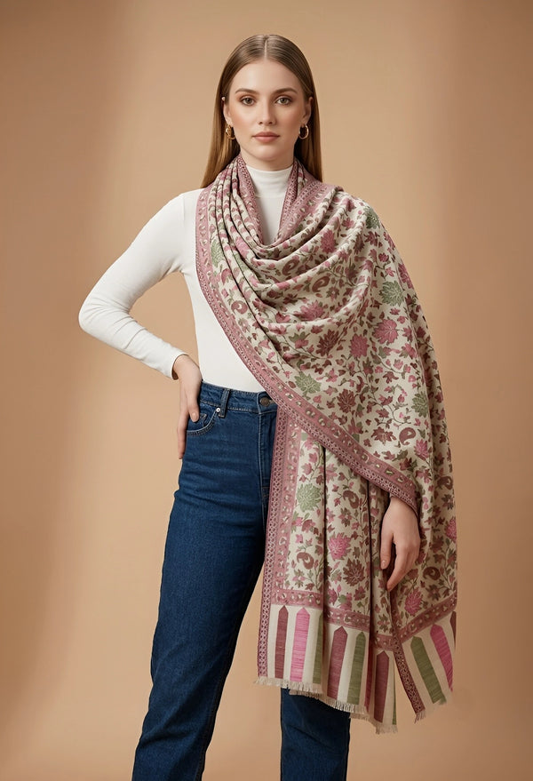 Regal Kani Weave Floral Wool Blend White Stole | Kashmiri Inspired