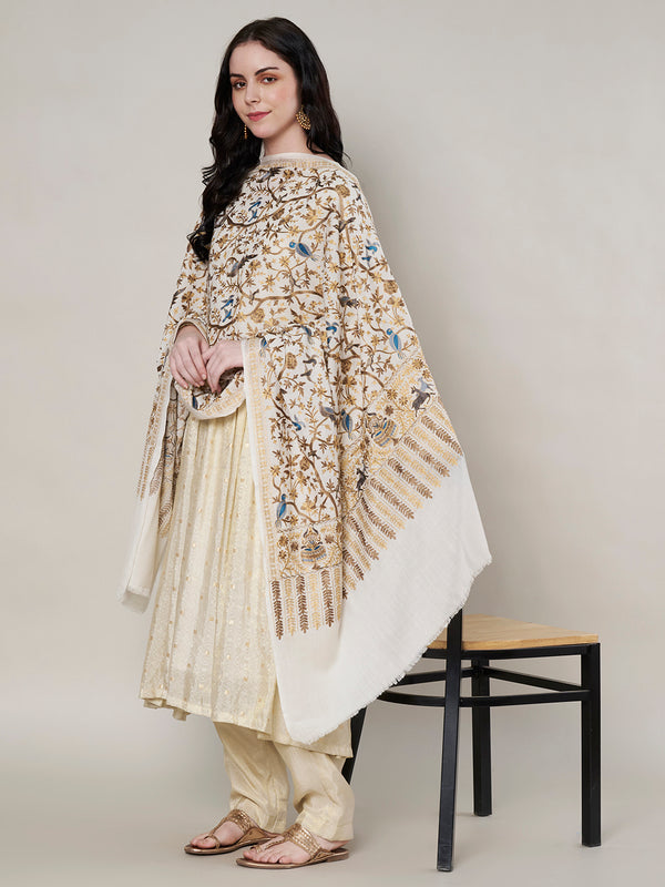 Woolen Women Shawl with Traditional Bird & Floral Jaal Motifs and Ornate Woven Border (80 x 40 Inches)