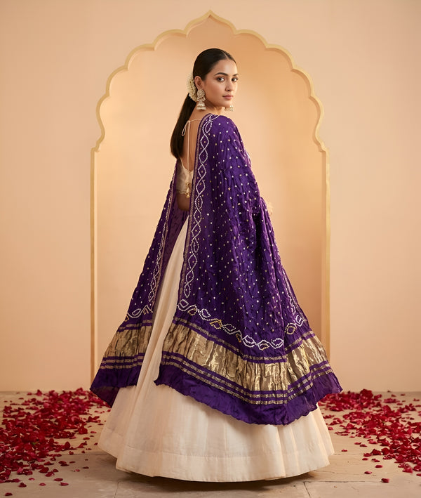 Luxurious Gajji Silk Blue Dupatta with Bandhani Dots & Zari Border