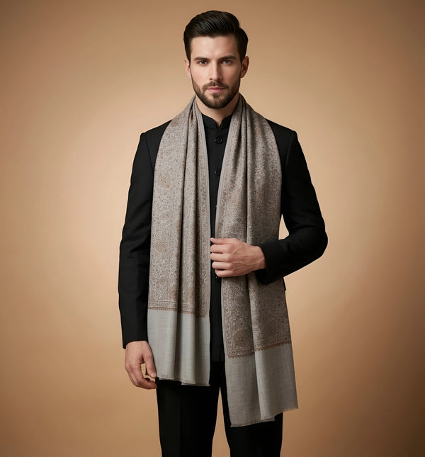 Mir-e-Khas Kashmiri Sozni Jaal Grey Shawl for Men – Wool Blend