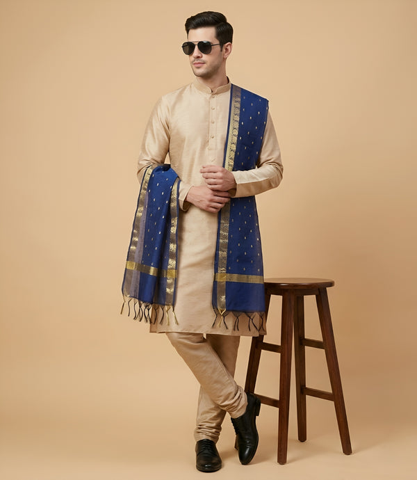 Cotton Silk Mens Dupatta – Navy Blue with Zari Buta & Border Work