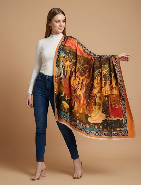 Signature Bamboo Silk PrintedStole | Heritage Pichwai & Miniature Art Inspired Print