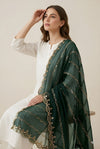 Net Green Dupatta with Twill Zari Sequin Wave Work