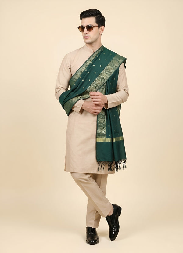 Banarasi Silk Mens Dupatta – Green with Zari Buta & Border Work