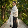 White Organza Dupatta with Golden Beads Work & Tassel Border