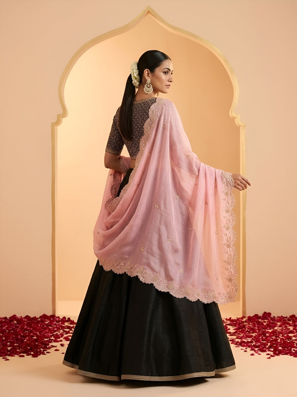 Luxe Rangoli Women Pink Dupatta with 4 Side Scalloped Embroidered Border & Buti Embellishment