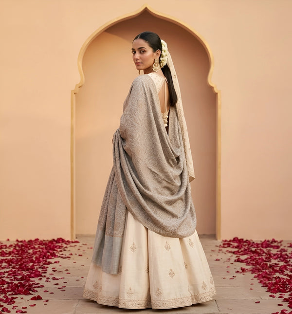 Naqsh-e-Kashmir Sozni Jaal Embroidered Grey Shawl | Traditional Kashmiri Wool Blend