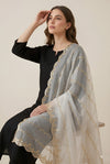 Net White Dupatta with Twill Zari Sequin Wave Work