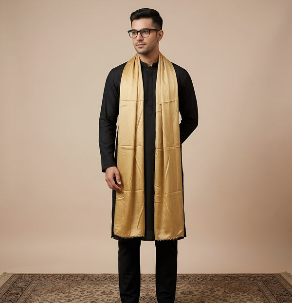 Nazneen Chiffon Mens Dupatta – Solid Gold with Elegant Lace Border