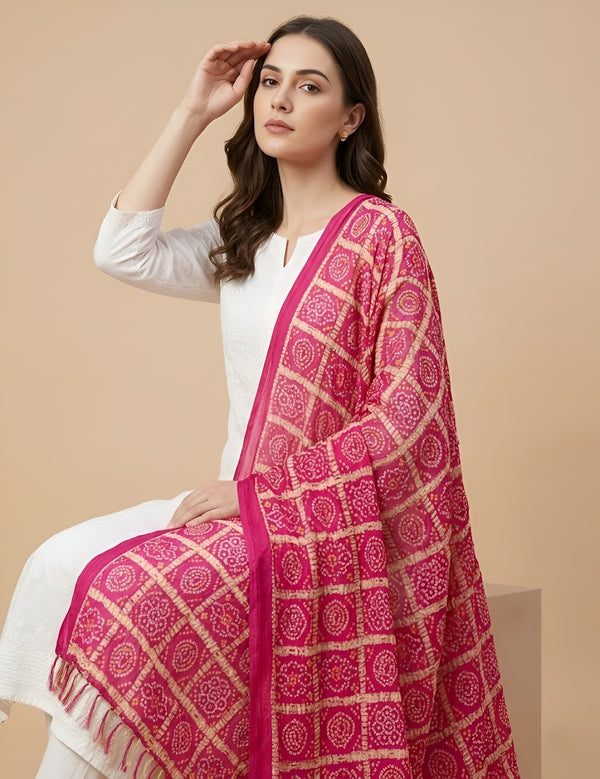 Chinon Bandhani Print Crush Women Rani Dupatta with Traditional Motif Grid Design & Tassel Detailing