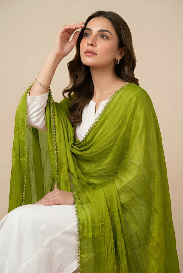 Green Nazneen Chiffon Dupatta with Lace Border | Solid Lightweight Wrap