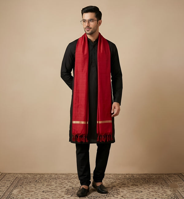 Cotton Mens Dupatta – Maroon with Golden Border & Tassel Finish