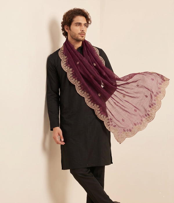 Wine Organza Mens Dupatta – Scalloped Cutwork Border with Buti Work