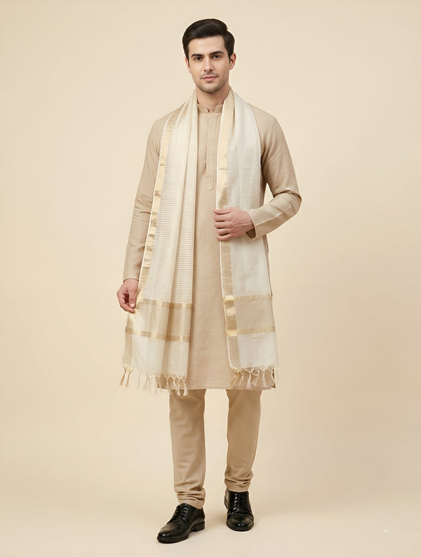 Cotton Silk Mens Dupatta – White with Zari Buta & Border Work