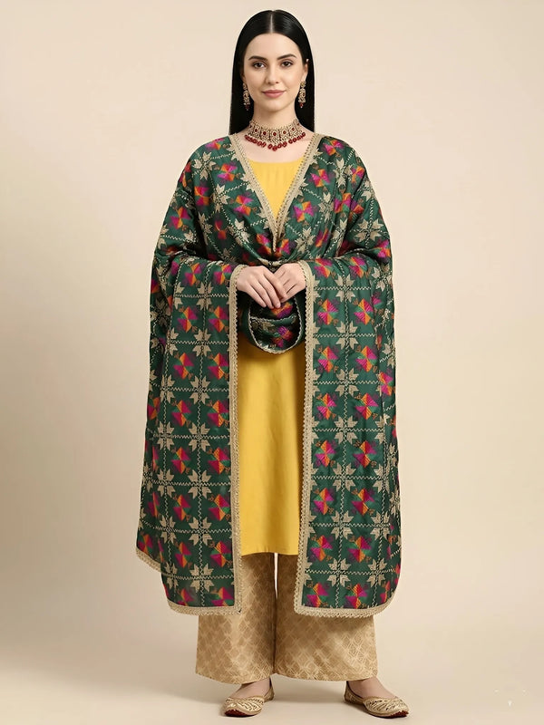 Luxe Chinon Women Phulkari Green Dupatta with Lace Border & Traditional Motif Work