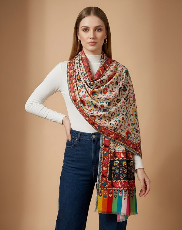 Signature Bamboo Silk Floral PrintedStole | Heritage Botanical Border Print