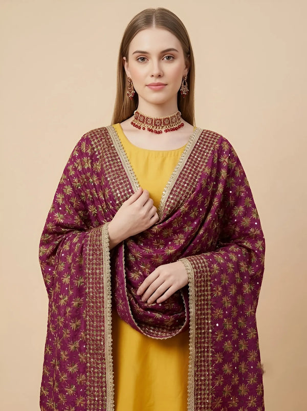 Luxe Heritage Phulkari Chinon Embroidered Purple Dupatta with Lace Border