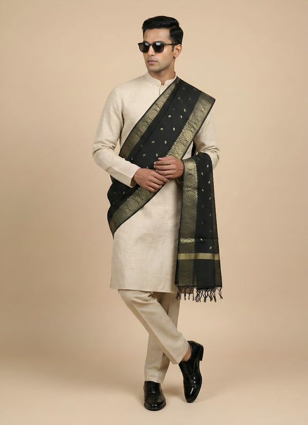 Banarasi Silk Mens Dupatta – Black with Zari Buta & Border Work