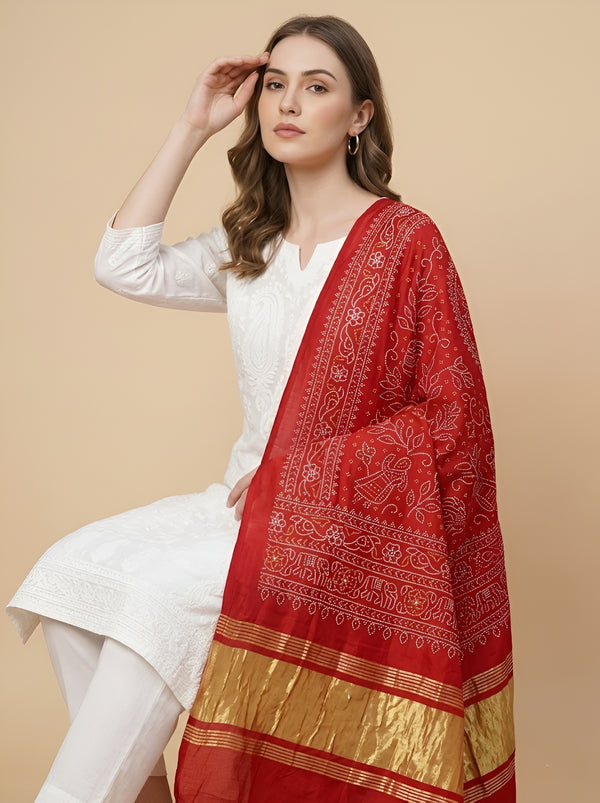 Bamboo Silk Bandhani Inspired Gajji Women Maroon Dupatta with Elephant & Floral Motifs and Golden Tape Border