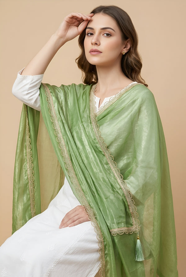Fendi Women Dupatta – Green Tone with Lace Border & Latkan