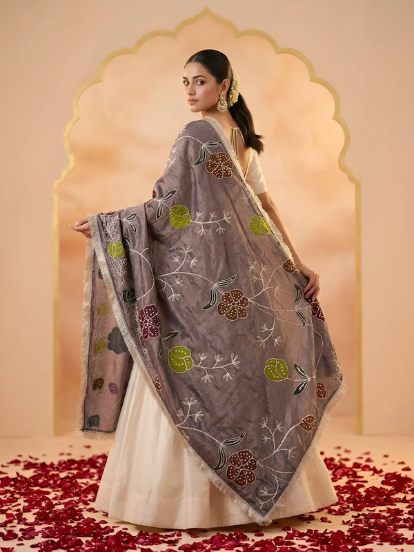 Luxe Cosmos Womens Purple Dupatta with Zari Brush Print & Lace Border
