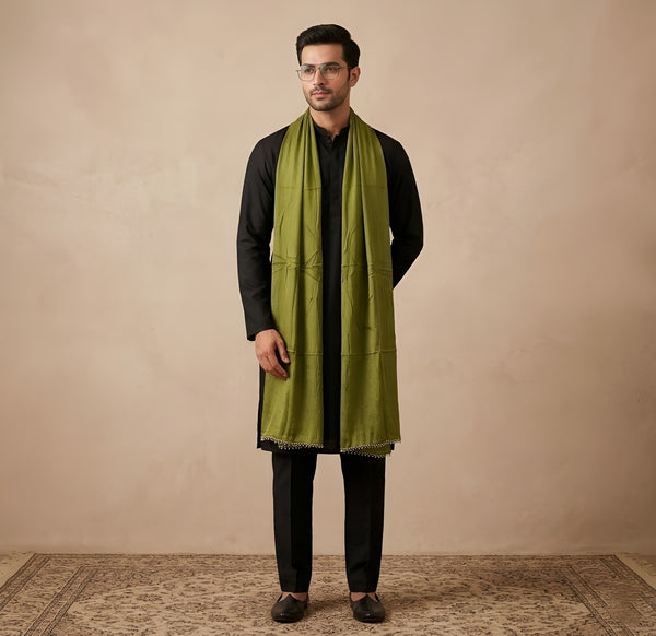Nazneen Chiffon Mens Dupatta – Solid Green with Elegant Lace Border