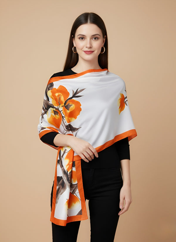 Printed Silk Women Stole with Artistic Motif Design | Elegant Lightweight Wrap (80 × 28 Inches)