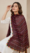 Maroon Nazneen Chiffon Dupatta with Multicolor Stripes & Pom Pom Border