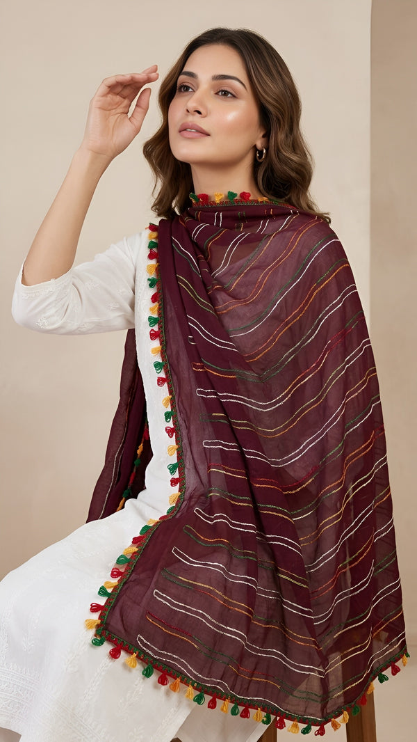 Maroon Nazneen Chiffon Dupatta with Multicolor Stripes & Pom Pom Border