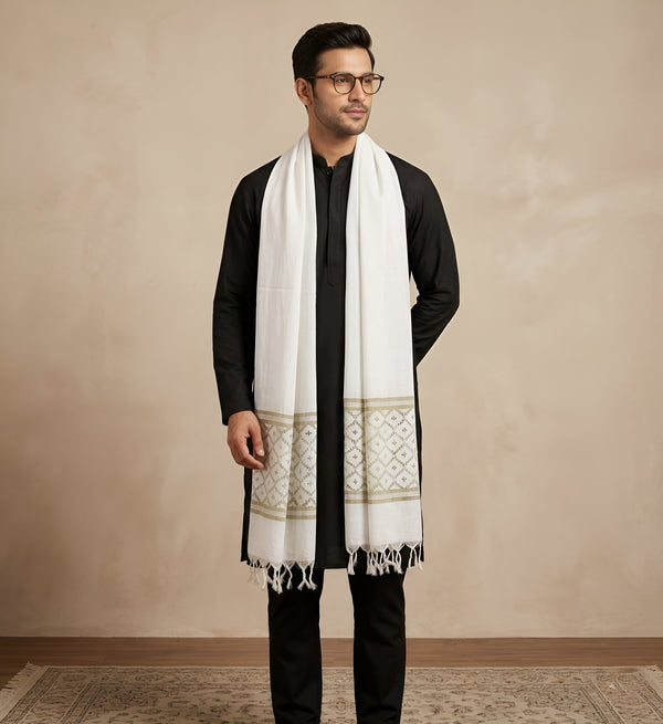 Cotton Mens Dupatta – White with Diamond Cut Work & Woven Border
