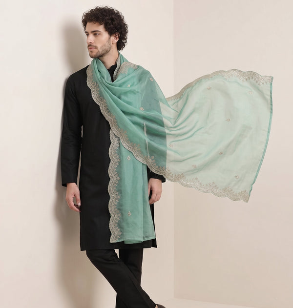 Green Organza Mens Dupatta – Scalloped Cutwork Border with Buti Work