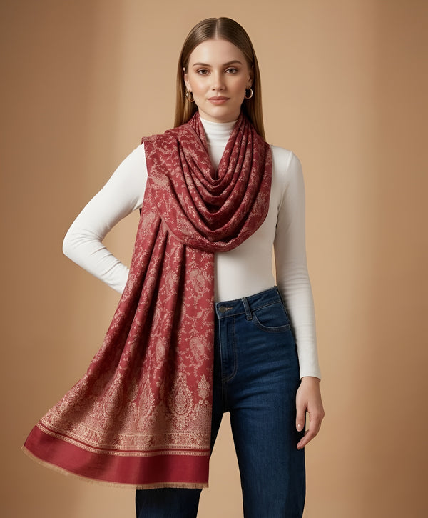 Everyday Wool Blend All-Over Zari Jacquard Woven Floral Trellis Red Stole