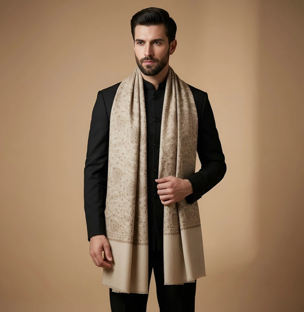 Mir-e-Khas Kashmiri Sozni Jaal Beige Shawl for Men – Wool Blend